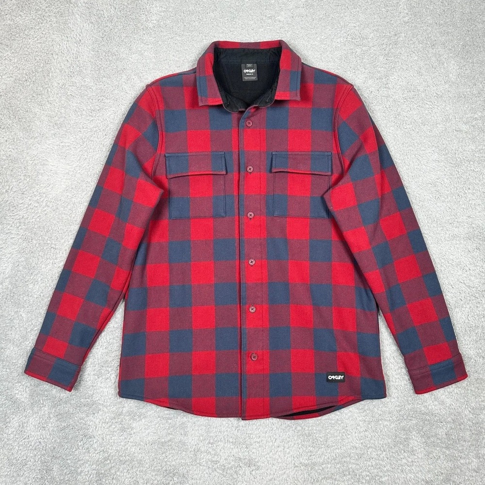 Oakley Mens Fleece Lined Buffalo Plaid Flannel Shirt Jacket Red‎ Navy Blue Small